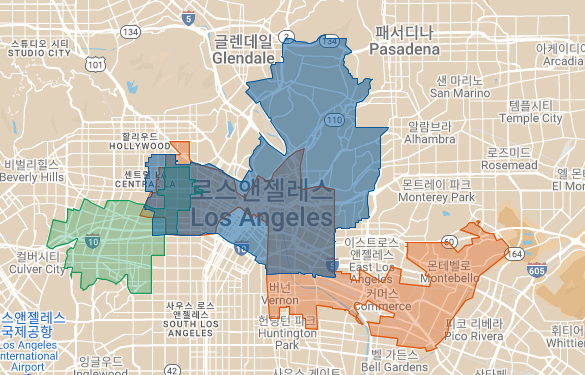초록색: LA시의회 10지구, 주황색: 가주 하원 54지구, 파란색: 연방 하원 34지구 @존 이 후보